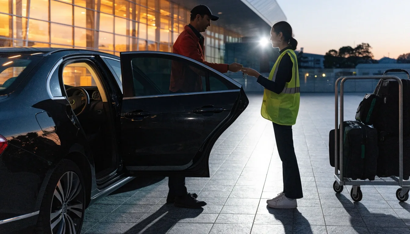 Long-stay parking rows at Brisbane Airport in evening light
