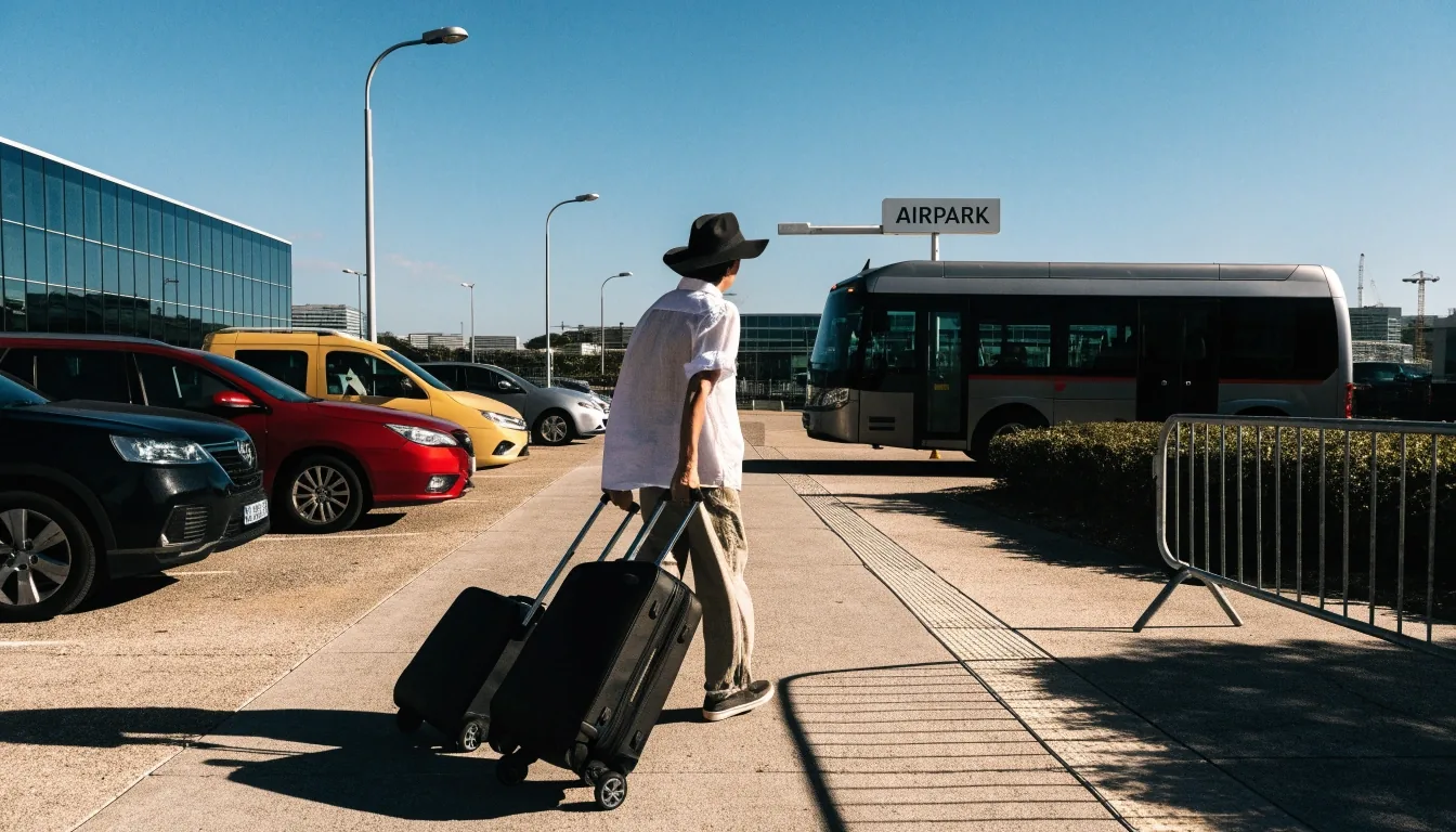 Open-air AIRPARK lot at Brisbane Airport with shuttle and travellers