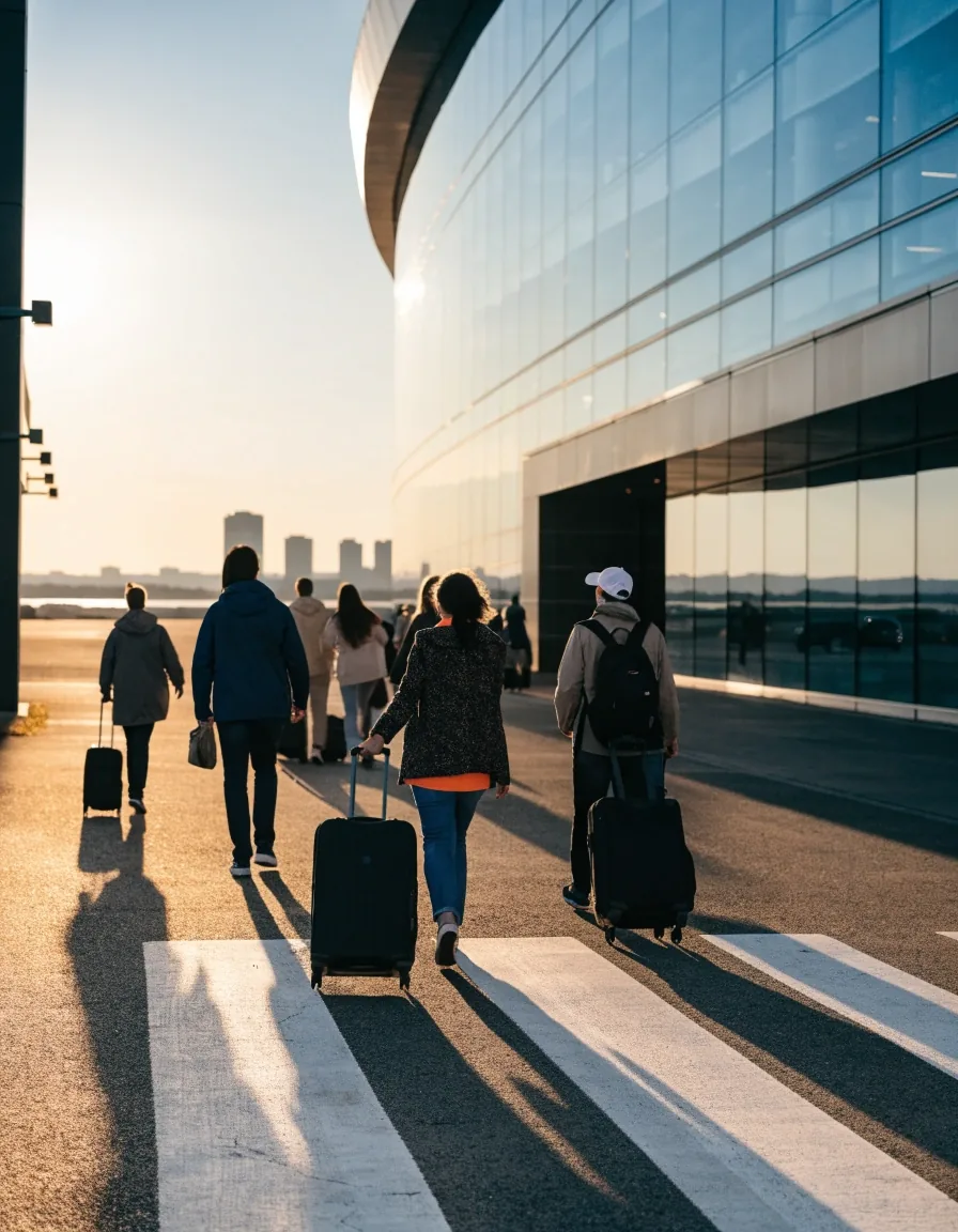 Travellers with luggage crossing the forecourt at Brisbane Airport at dawn
