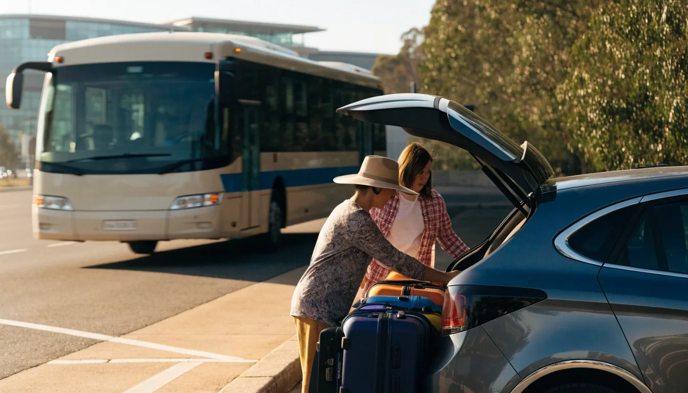 Family loading luggage into a car at Brisbane Airport outdoor parking
