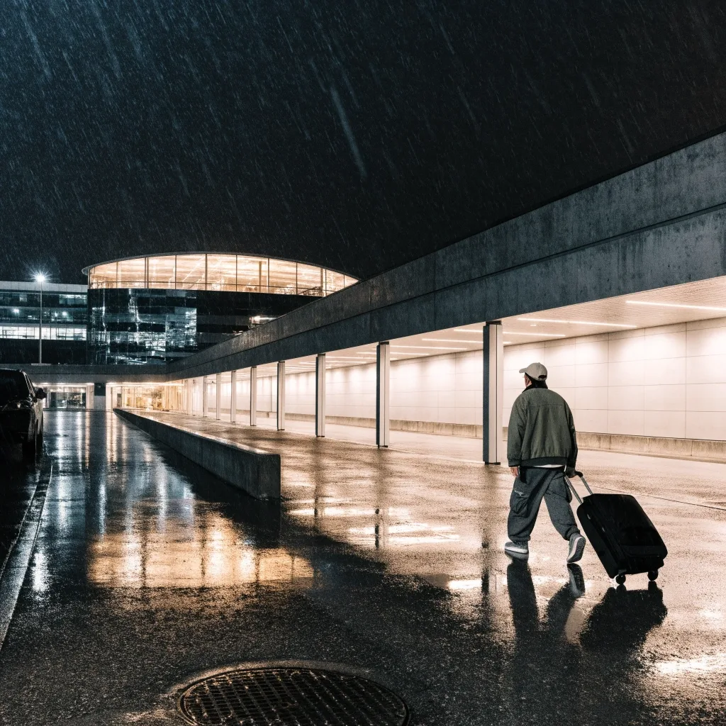 Brisbane Airport parking forecourt at night with traveller walking toward terminal