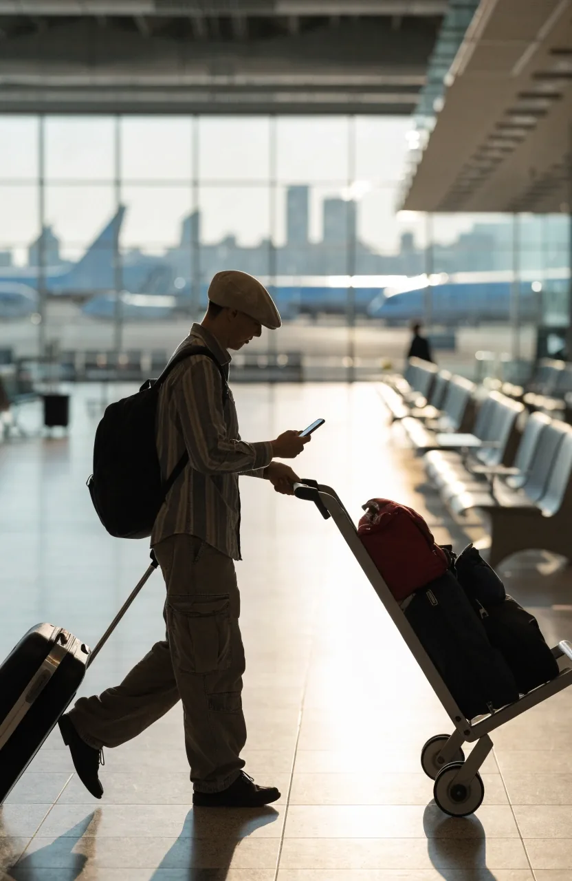 Traveller checking booking details inside Brisbane Airport terminal