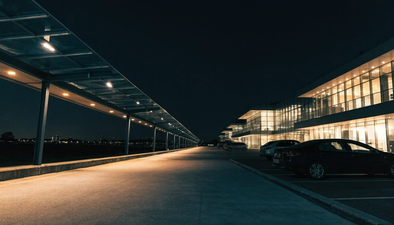 Brisbane Airport terminal forecourt at night with covered walkway and parked cars