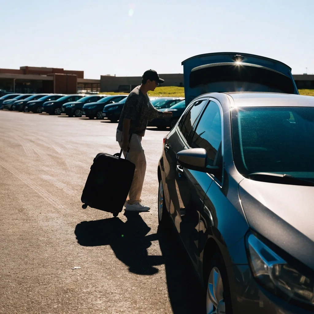 Car parked in open-air long-stay bay under strong sun