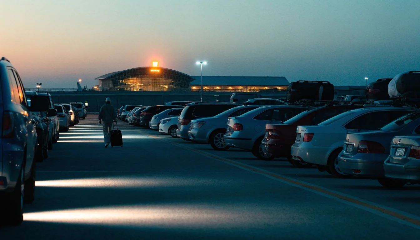 Long-stay parking rows at Brisbane Airport at dusk with traveller walking to terminal