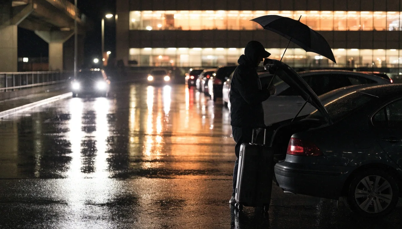 Night forecourt at Brisbane Airport with wet asphalt reflections