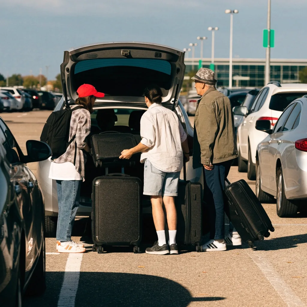 Travellers loading luggage at long-stay car before flying