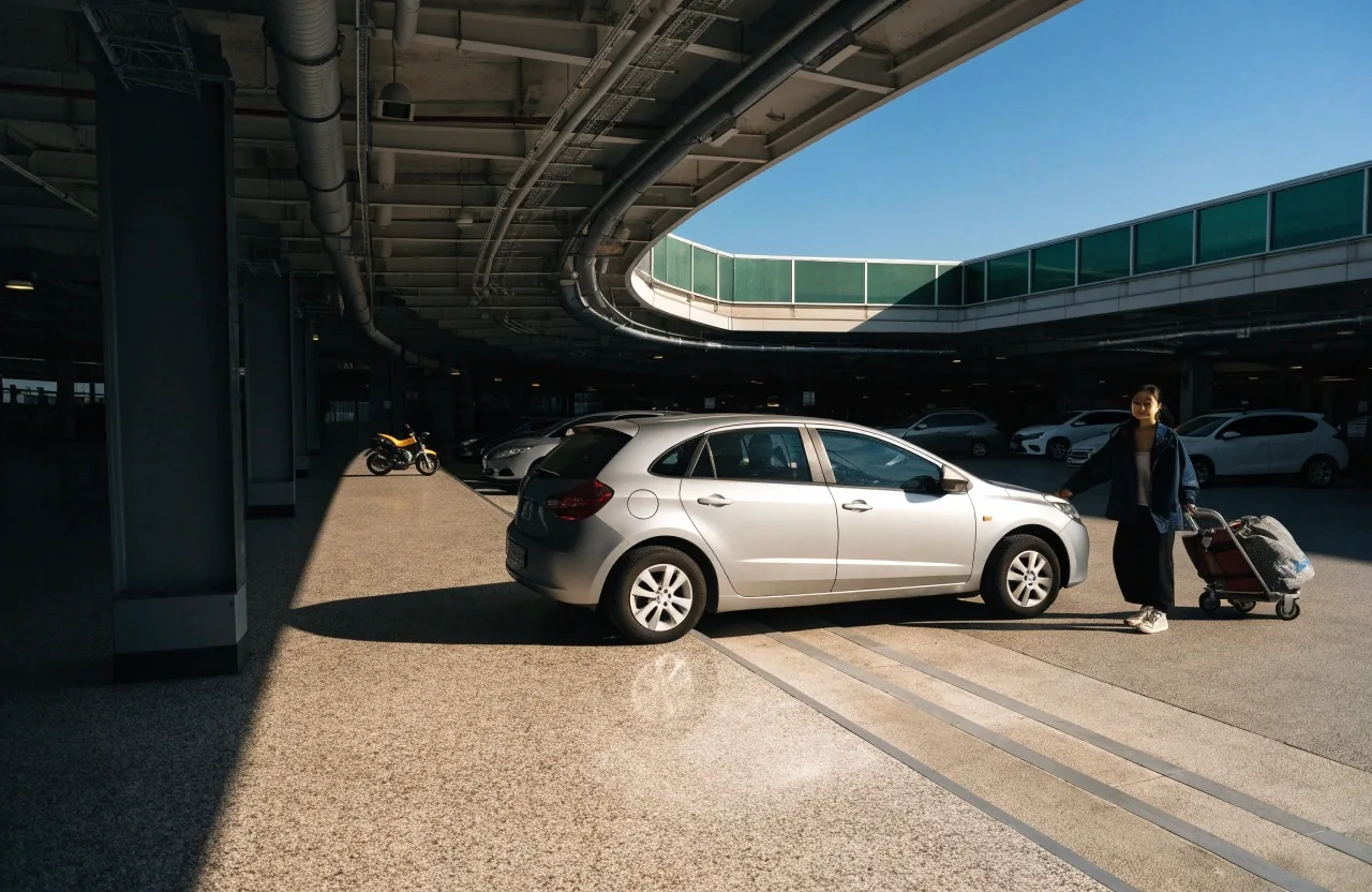 Undercover ParkLong decks in P1 car park with traveller walking out
