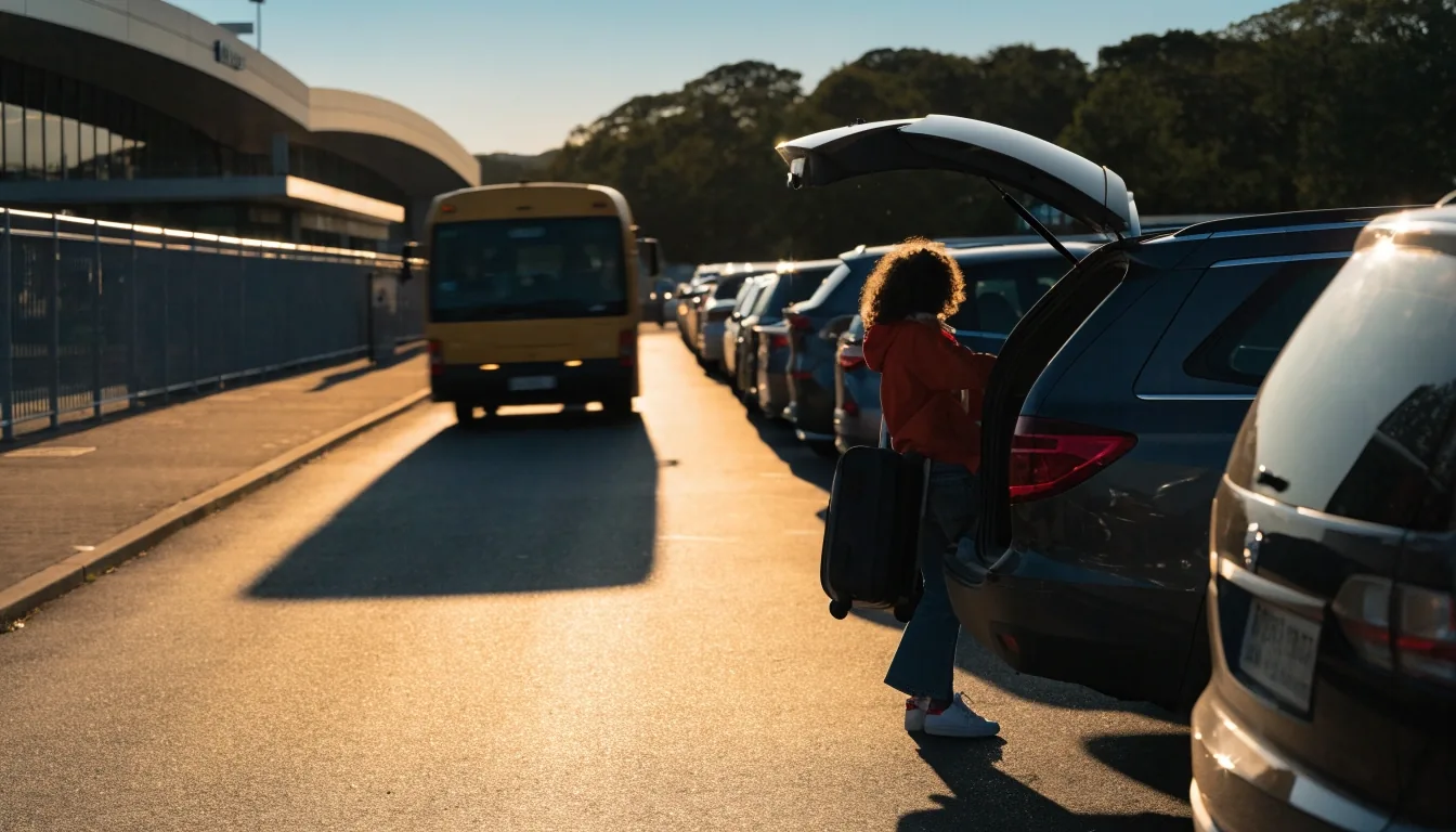 Open-air budget parking rows with shuttle at Brisbane Airport