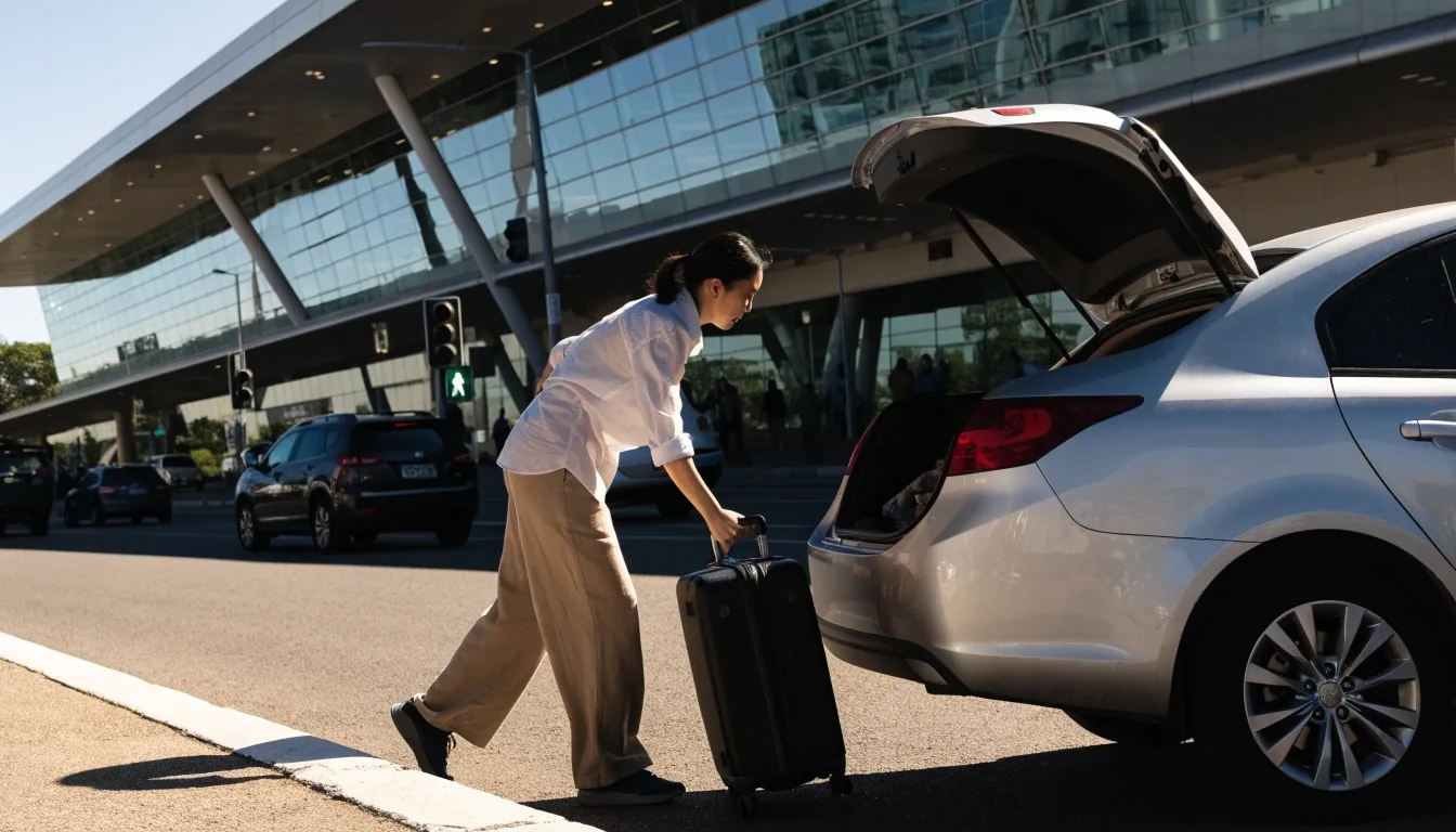 Traveller with suitcase walking to undercover parking at Brisbane Airport