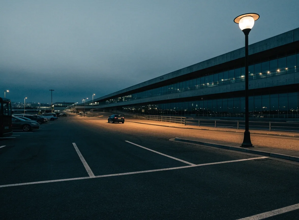 Evening view across the Brisbane Airport parking forecourt and terminal approach