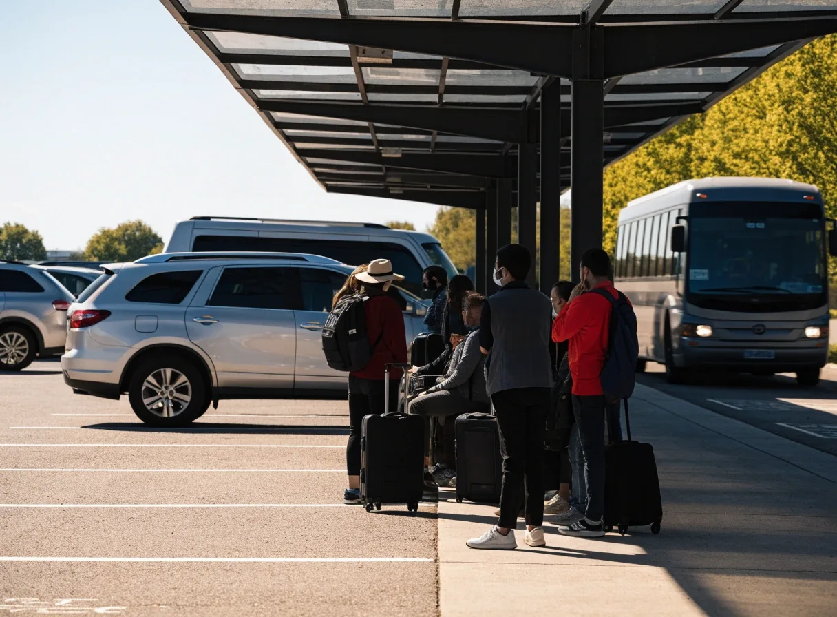 Shuttle bus collecting travellers in open-air Brisbane Airport parking lot
