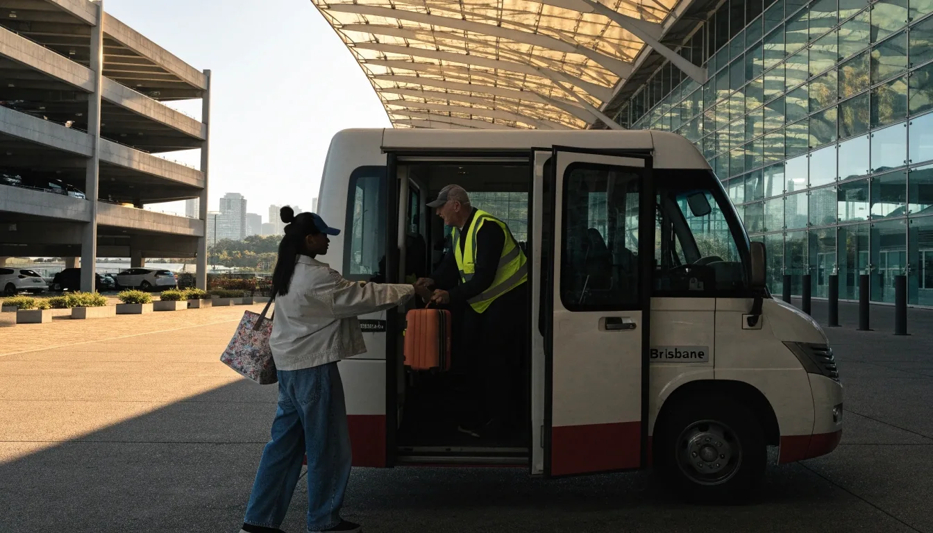Travellers walking to Brisbane Airport international terminal entrance
