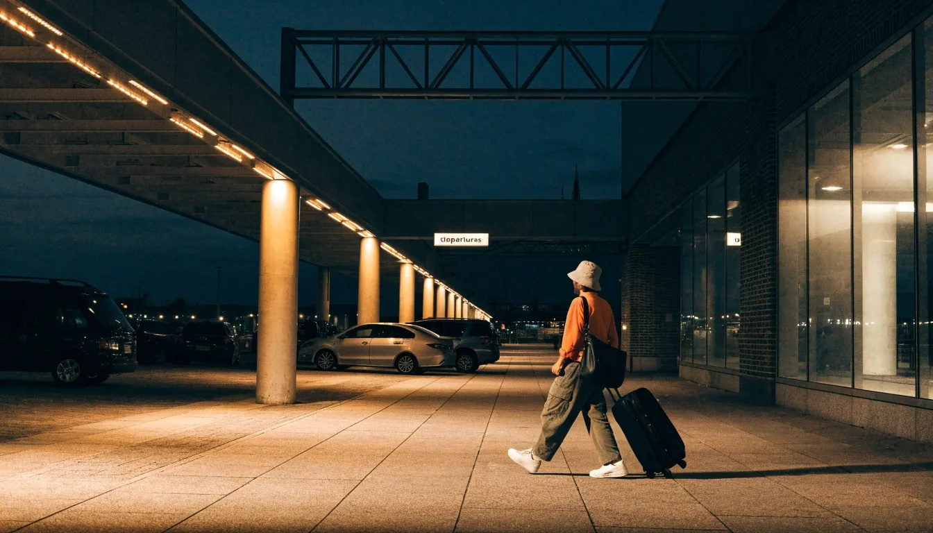 Brisbane Airport terminal forecourt at night with traveller walking toward departures