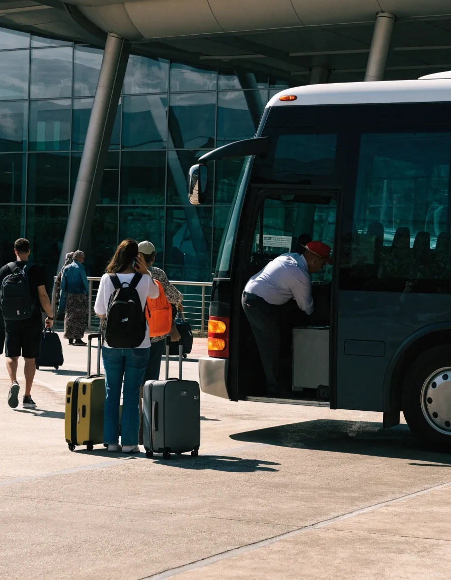 Shuttle bus collecting travellers with luggage at Brisbane Airport parking stop