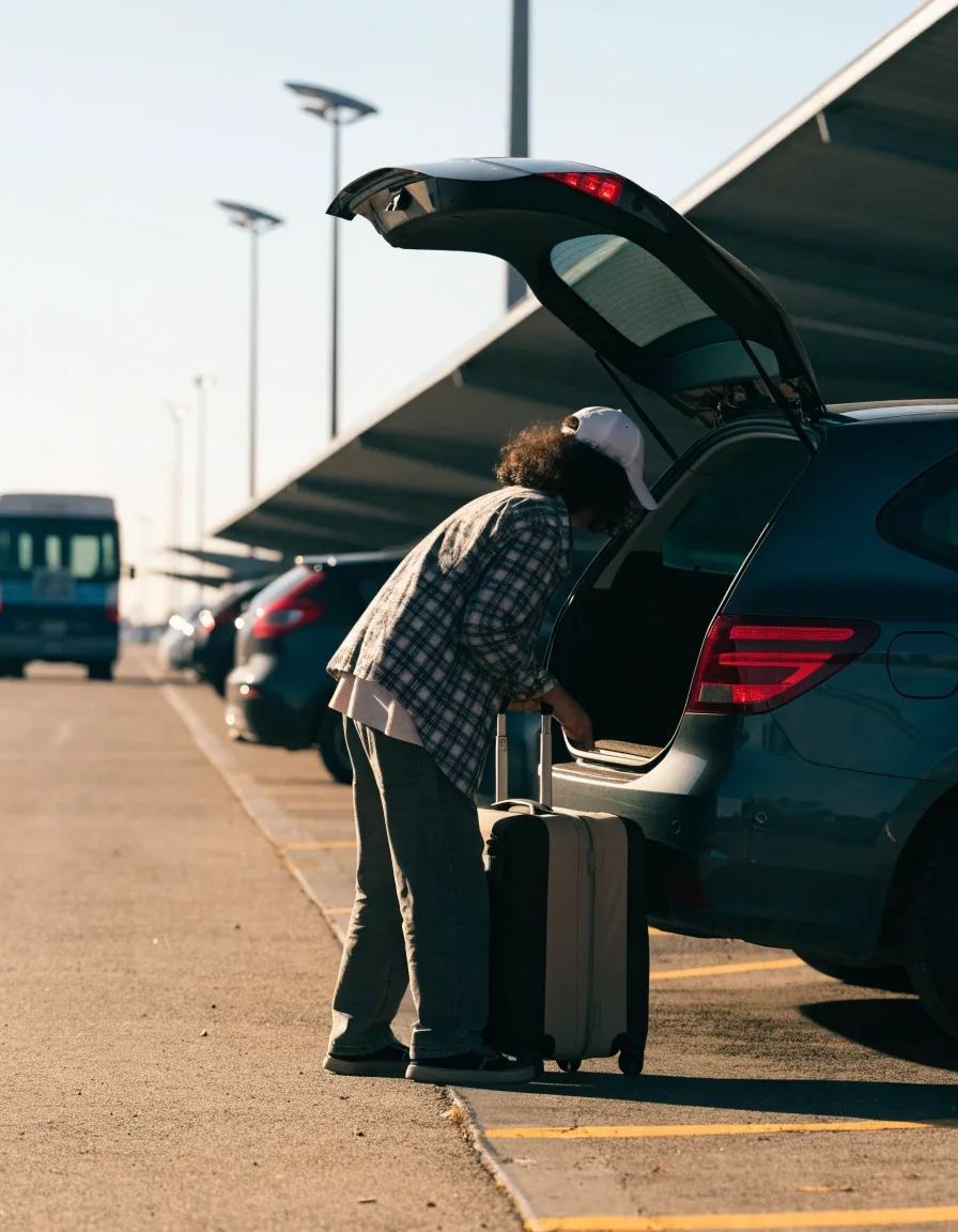 Traveller loading luggage in long-term parking row at Brisbane Airport